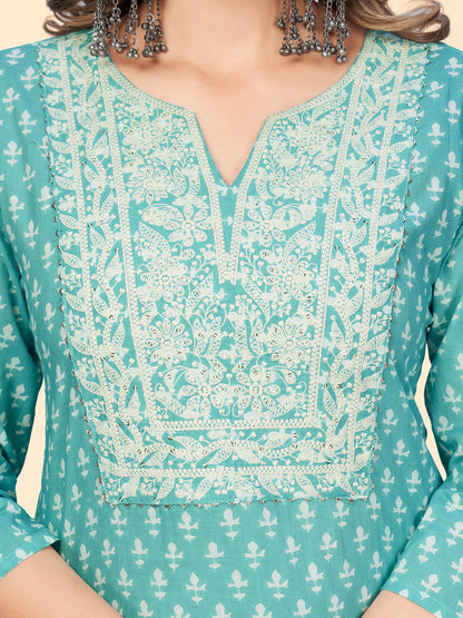 Women's Print & Embroidered Straight Cotton Turquoise Stitched Kurta With Pant