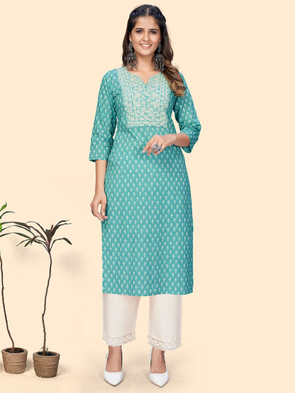 Women's Print & Embroidered Straight Cotton Turquoise Stitched Kurta