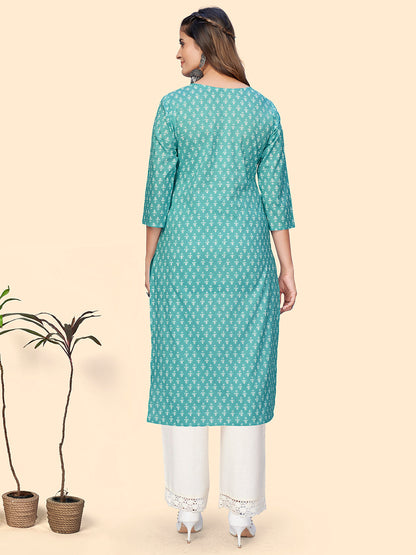 Women's Print & Embroidered Straight Cotton Turquoise Stitched Kurta
