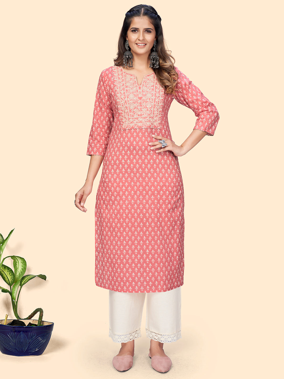 Women's Print & Embroidered Straight Cotton Peach Stitched Kurta