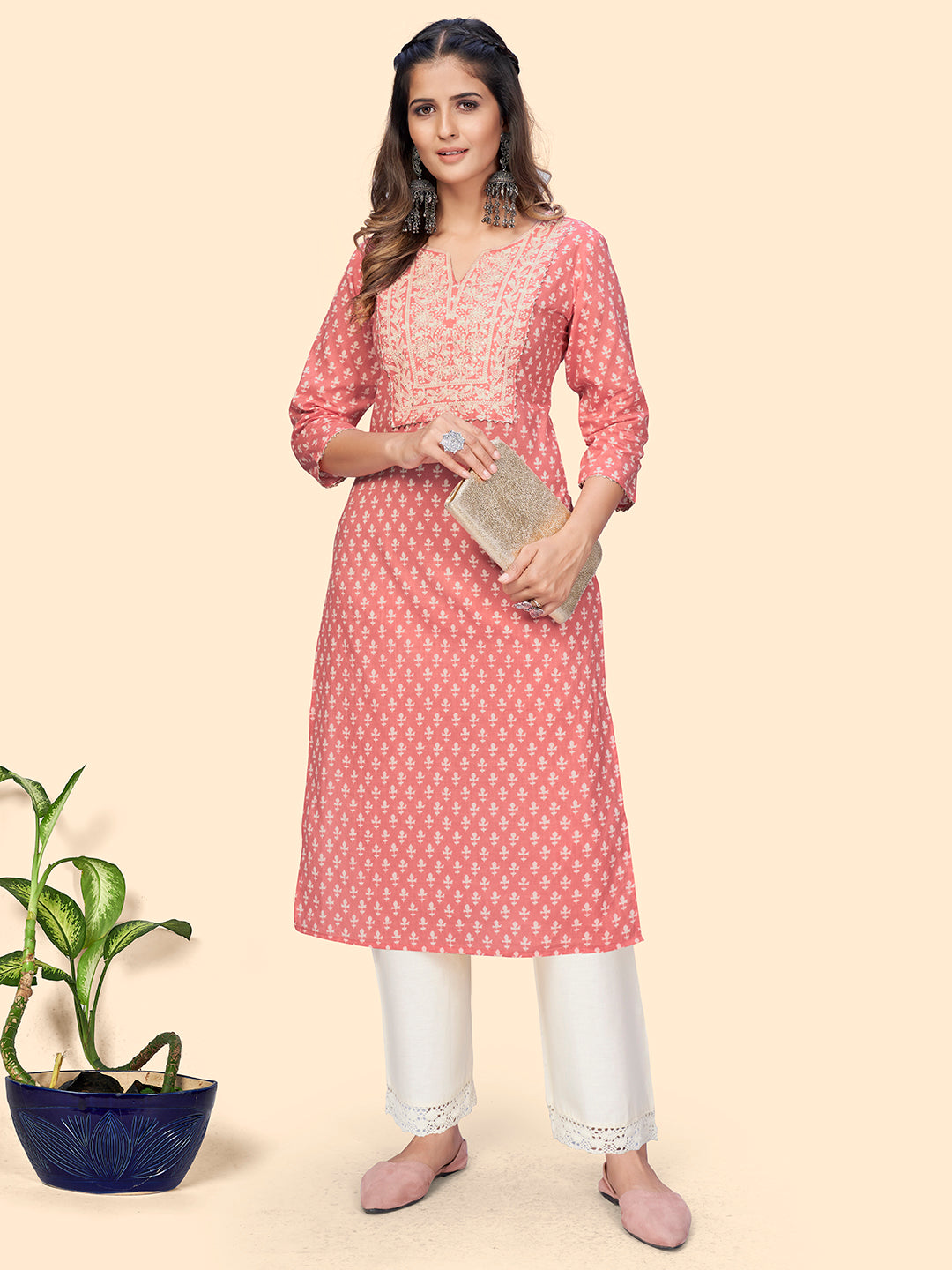 Women's Print & Embroidered Straight Cotton Peach Stitched Kurta