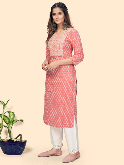 Women's Print & Embroidered Straight Cotton Peach Stitched Kurta