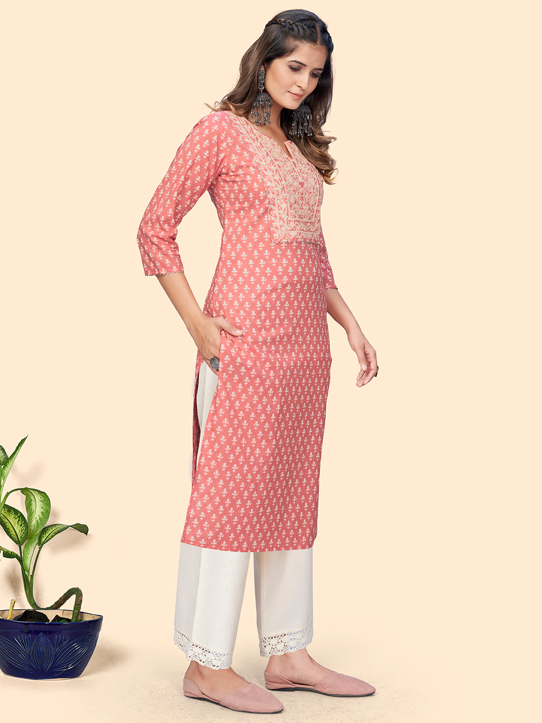 Women's Print & Embroidered Straight Cotton Peach Stitched Kurta