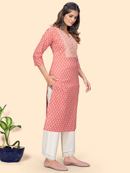 Women's Print & Embroidered Straight Cotton Peach Stitched Kurta