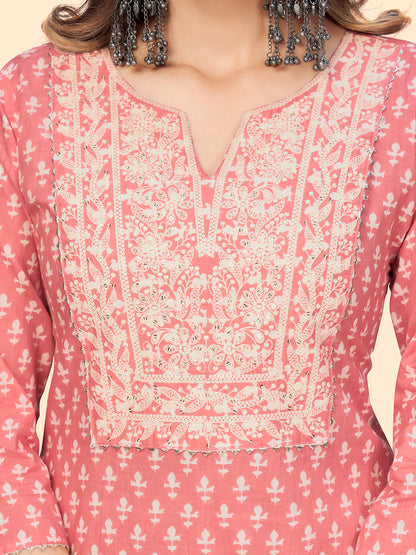 Women's Print & Embroidered Straight Cotton Peach Stitched Kurta