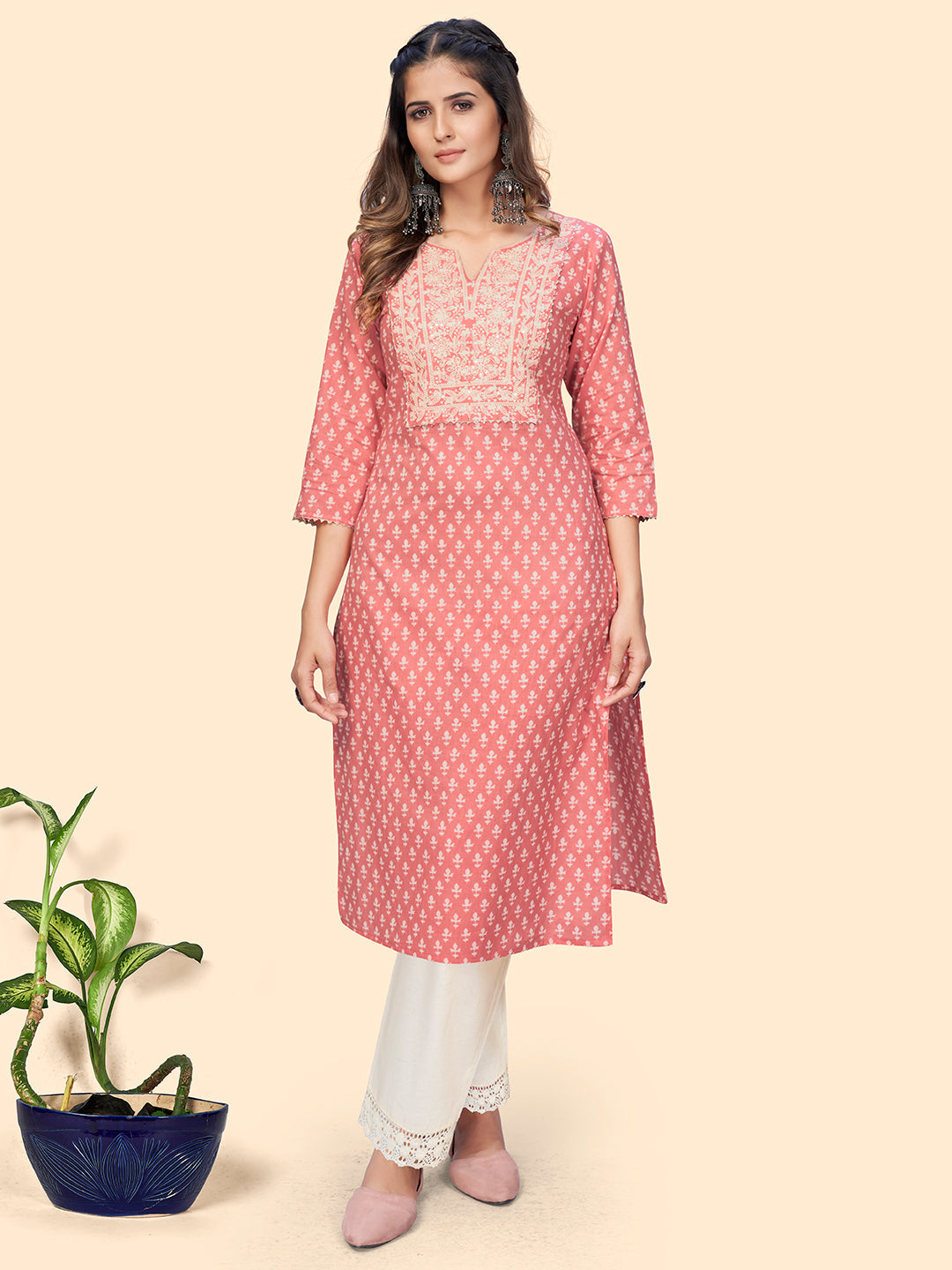 Women's Print & Embroidered Straight Cotton Peach Stitched Kurta