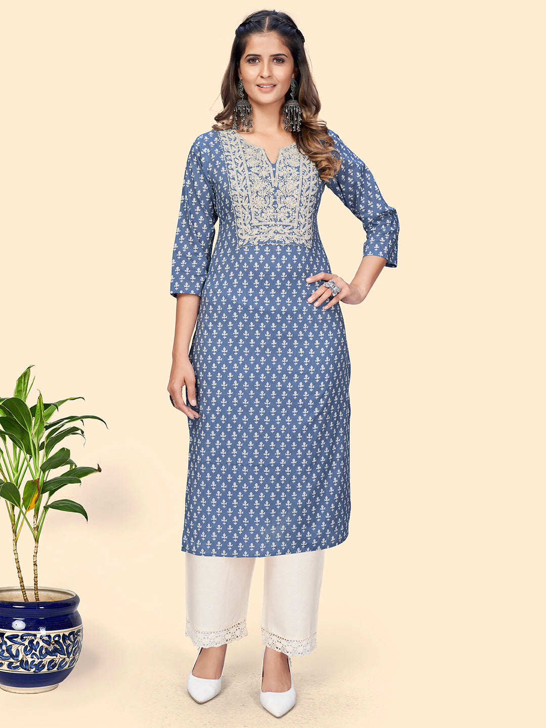 Women's Print & Embroidered Straight Cotton Blue Stitched Kurta