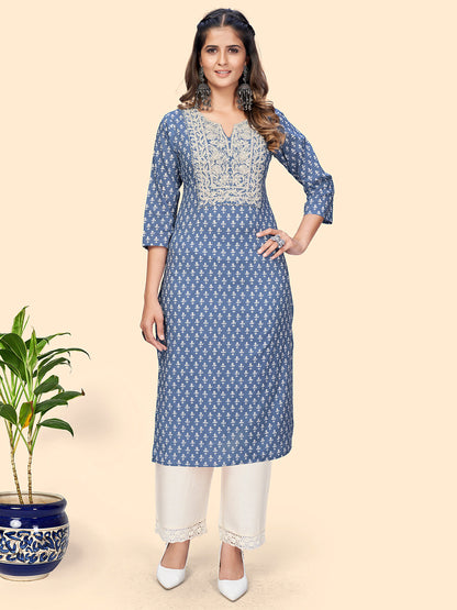Women's Print & Embroidered Straight Cotton Blue Stitched Kurta
