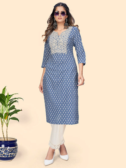 Women's Print & Embroidered Straight Cotton Blue Stitched Kurta