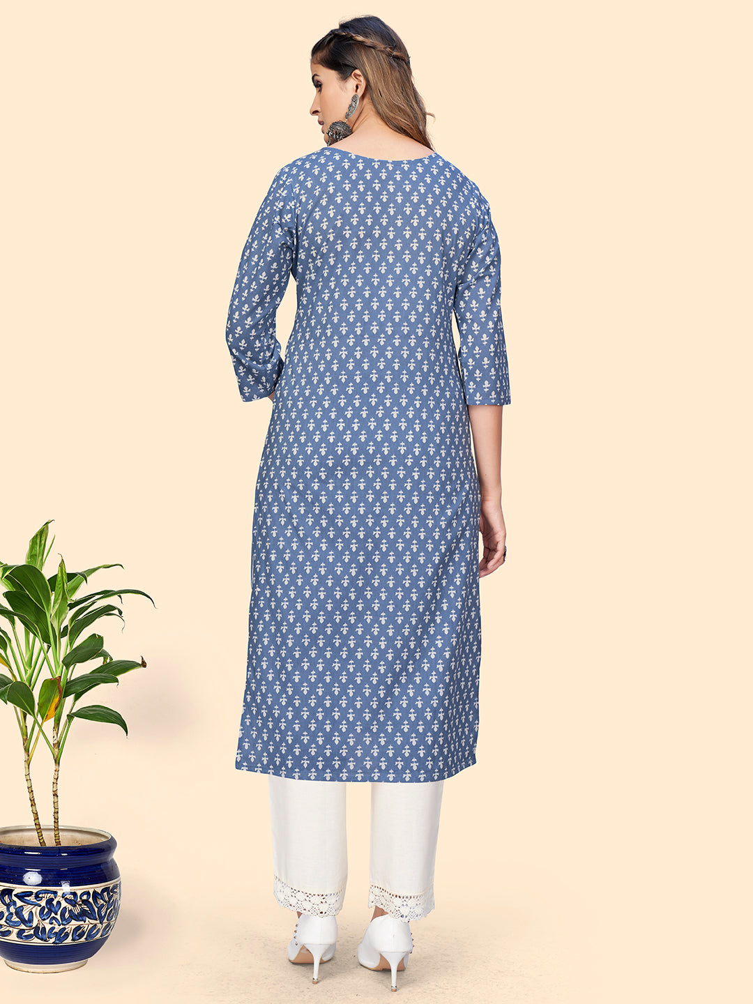 Women's Print & Embroidered Straight Cotton Blue Stitched Kurta