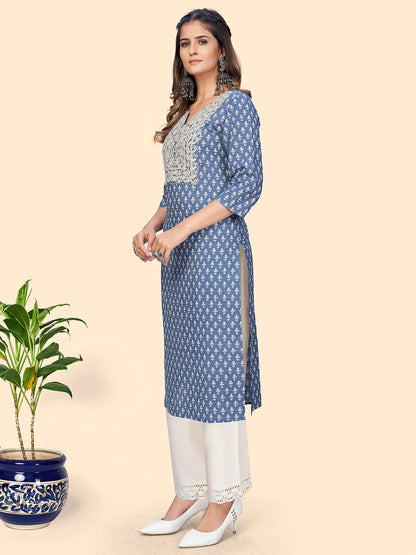 Women's Print & Embroidered Straight Cotton Blue Stitched Kurta