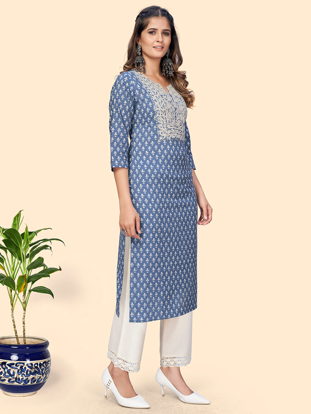 Women's Print & Embroidered Straight Cotton Blue Stitched Kurta