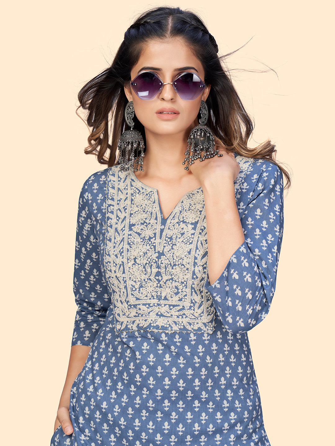 Women's Print & Embroidered Straight Cotton Blue Stitched Kurta