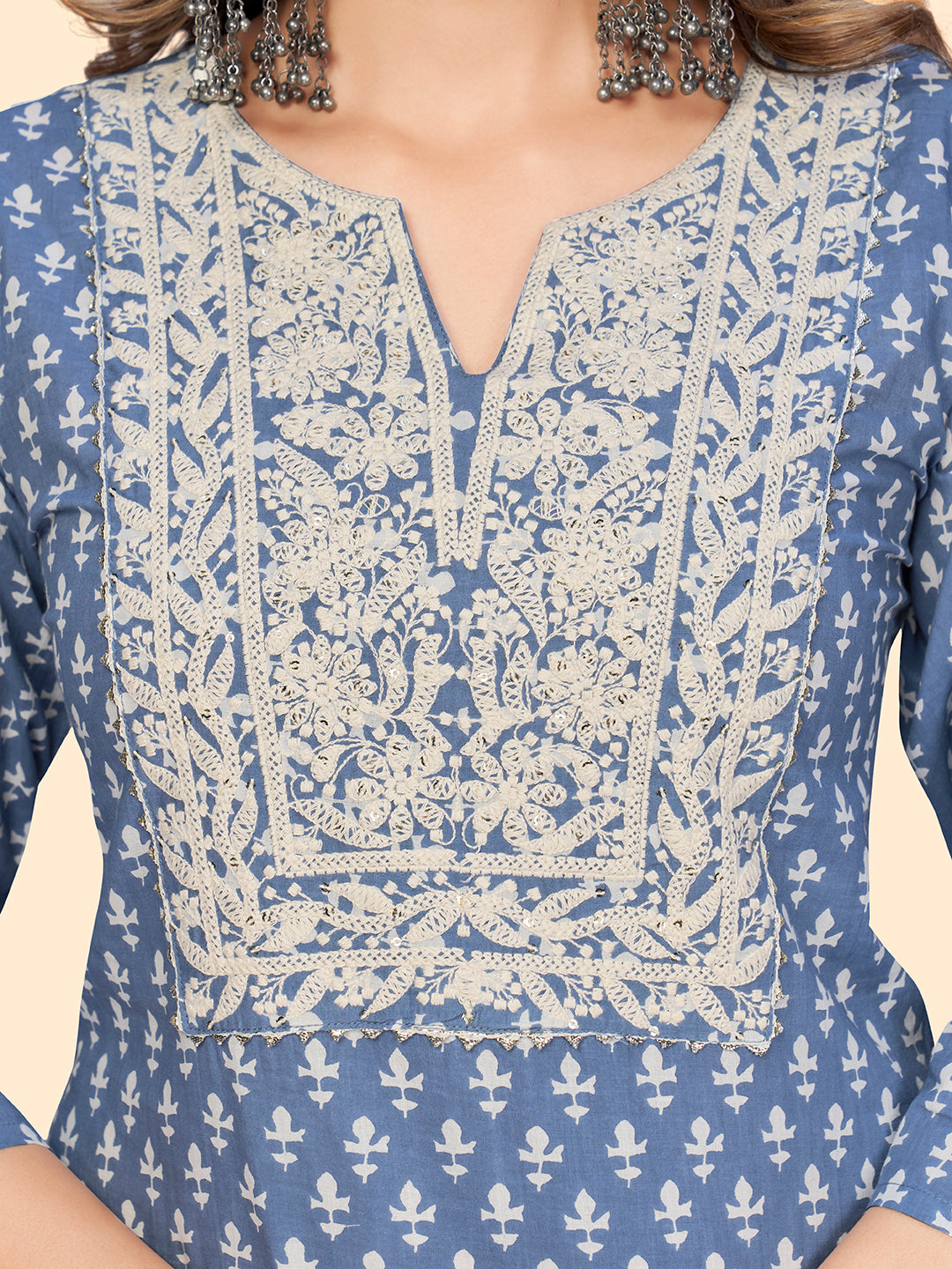 Women's Print & Embroidered Straight Cotton Blue Stitched Kurta