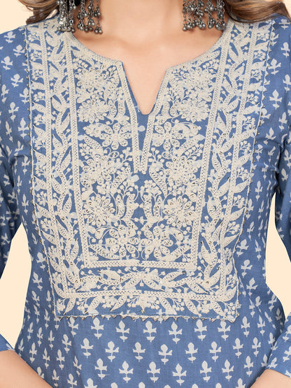 Women's Print & Embroidered Straight Cotton Blue Stitched Kurta