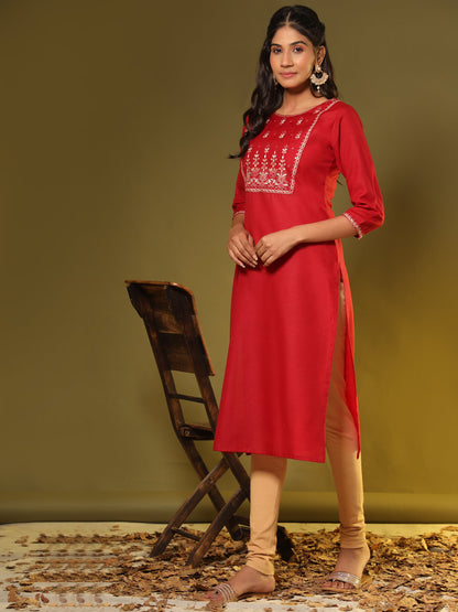 Women's Embroidered Straight Cotton Blend Red Stitched Kurta