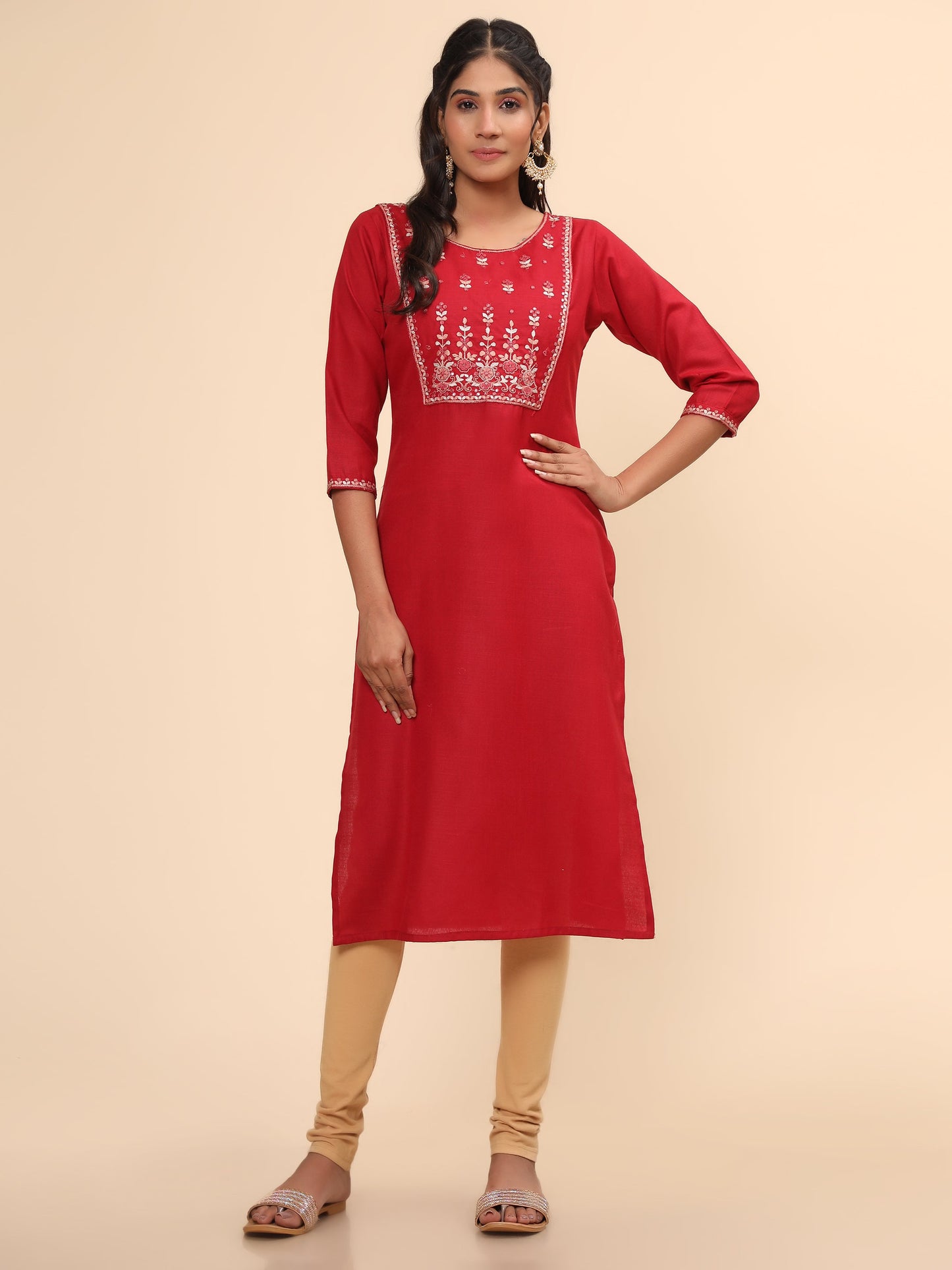 Women's Embroidered Straight Cotton Blend Red Stitched Kurta