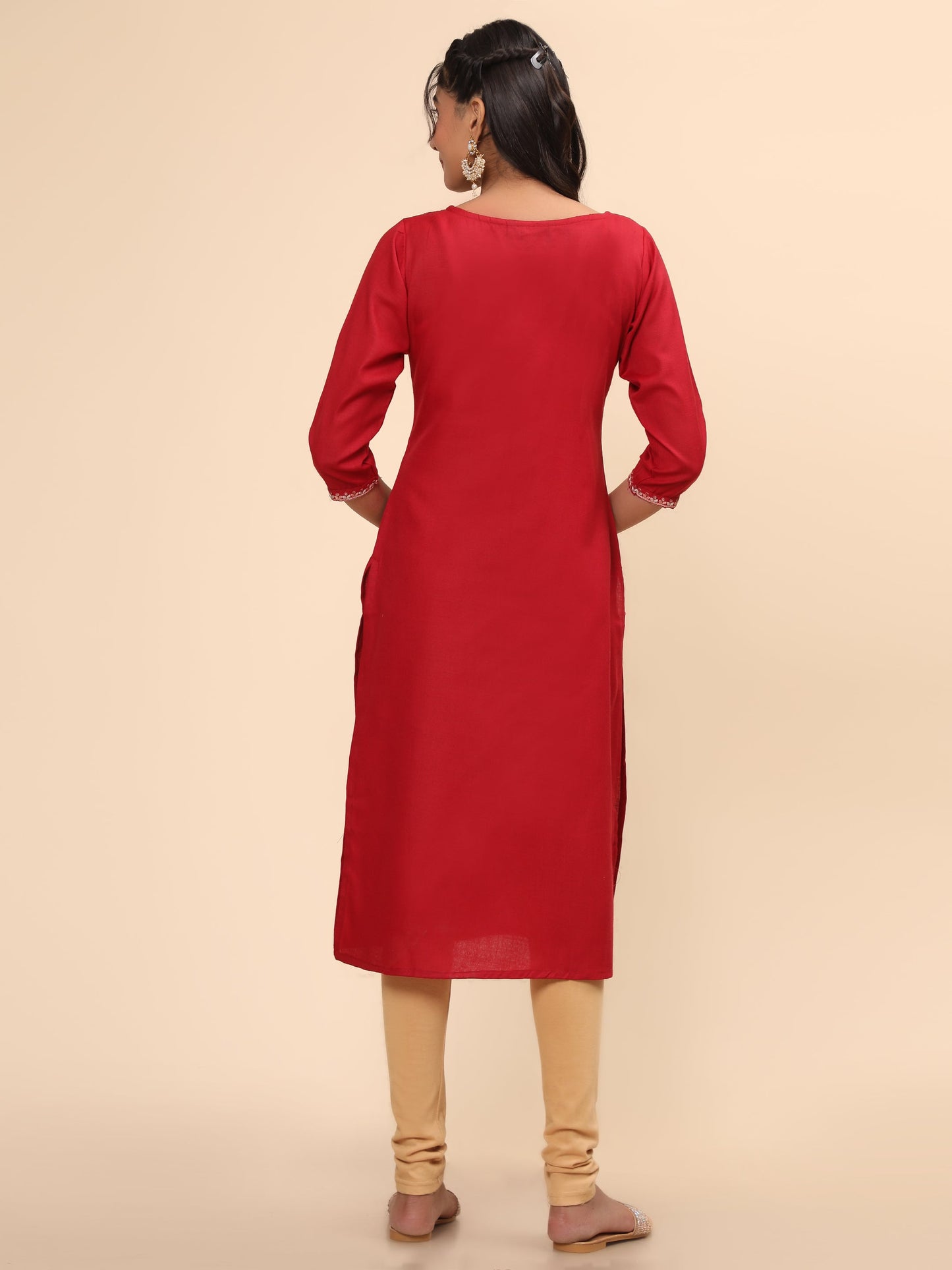 Women's Embroidered Straight Cotton Blend Red Stitched Kurta