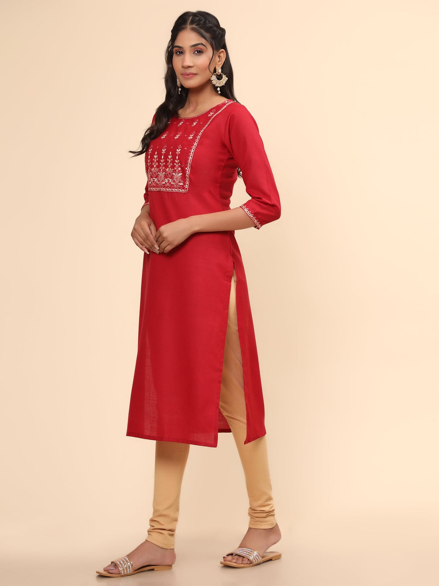 Women's Embroidered Straight Cotton Blend Red Stitched Kurta