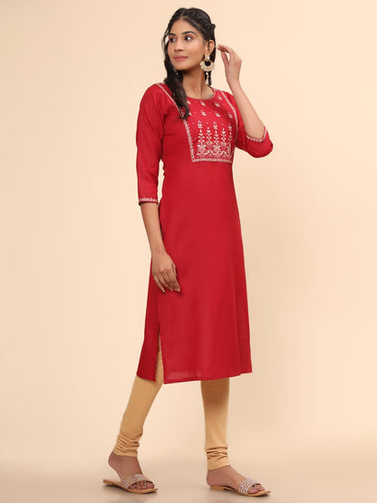 Women's Embroidered Straight Cotton Blend Red Stitched Kurta