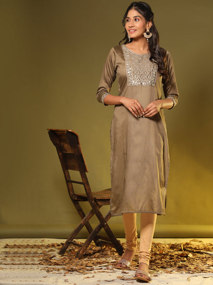 Women's Embroidered Straight Chanderi Brown Stitched Kurta