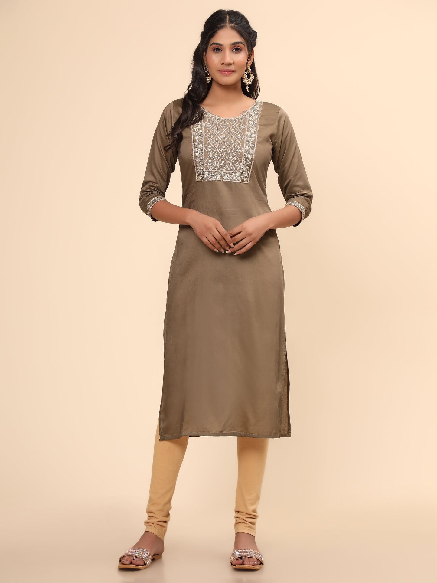 Women's Embroidered Straight Chanderi Brown Stitched Kurta