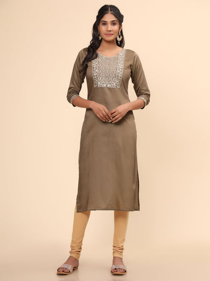 Women's Embroidered Straight Chanderi Brown Stitched Kurta