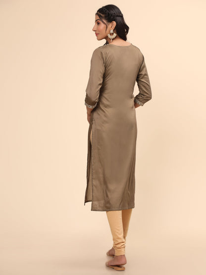 Women's Embroidered Straight Chanderi Brown Stitched Kurta
