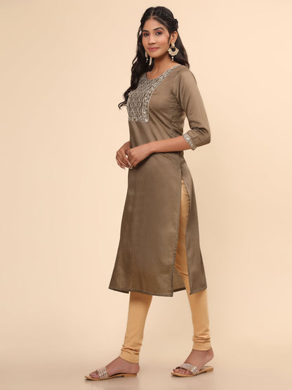 Women's Embroidered Straight Chanderi Brown Stitched Kurta