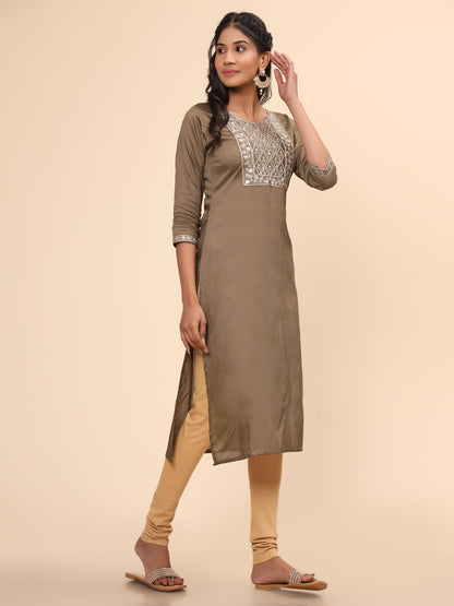 Women's Embroidered Straight Chanderi Brown Stitched Kurta