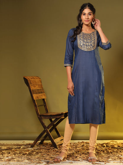Women's Embroidered Straight Chanderi Blue Stitched Kurta