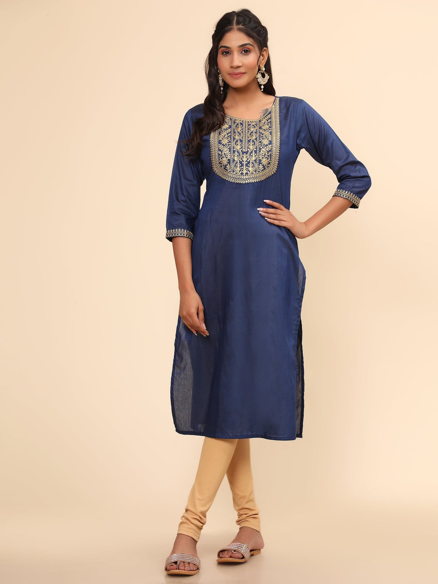 Women's Embroidered Straight Chanderi Blue Stitched Kurta