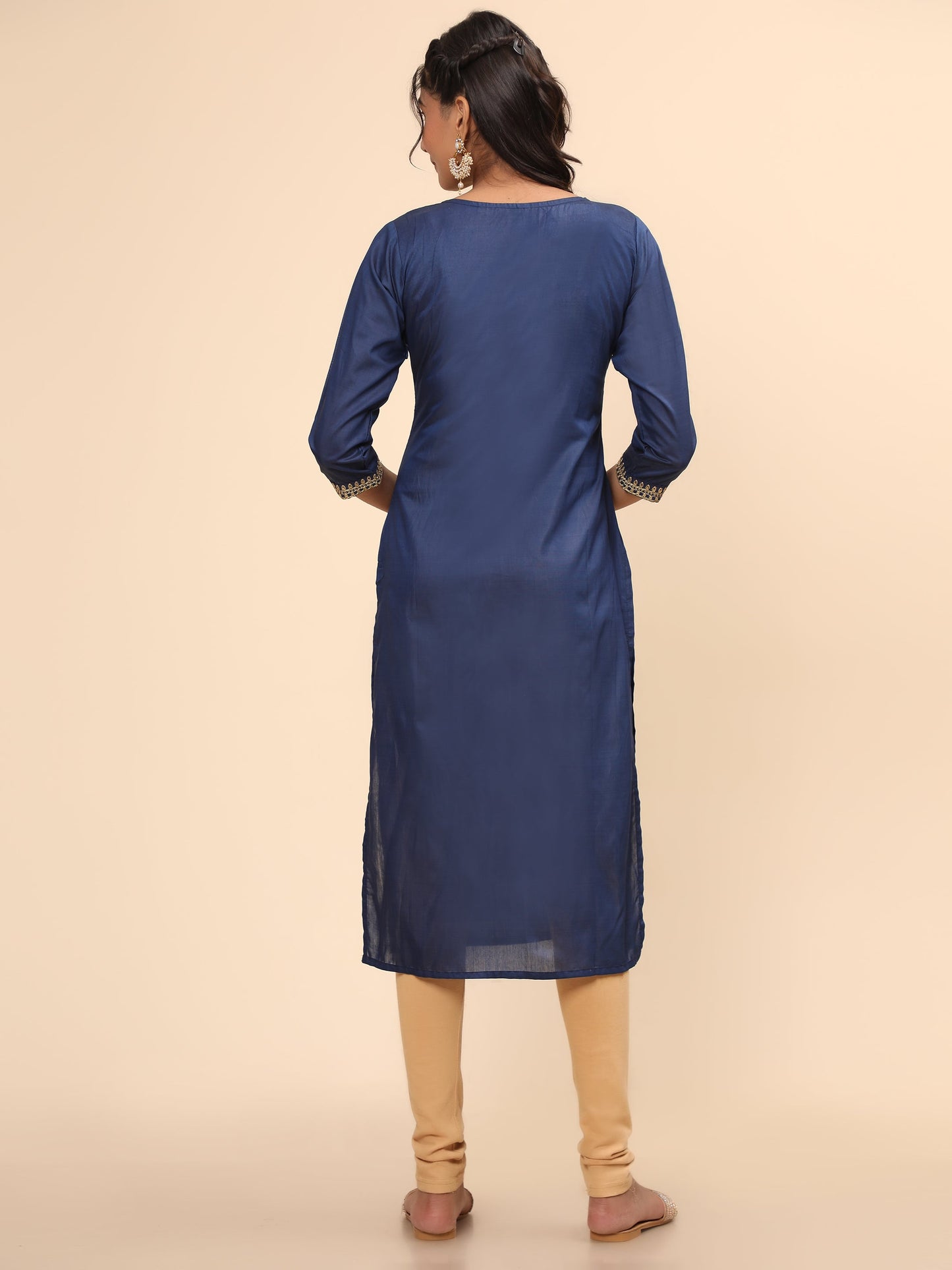 Women's Embroidered Straight Chanderi Blue Stitched Kurta