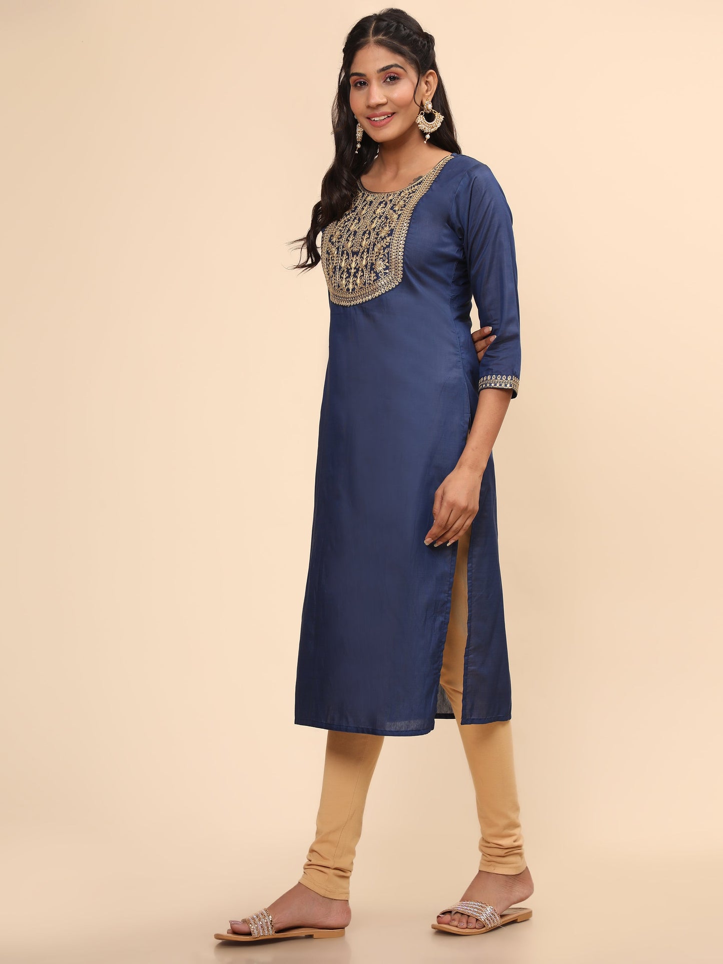 Women's Embroidered Straight Chanderi Blue Stitched Kurta