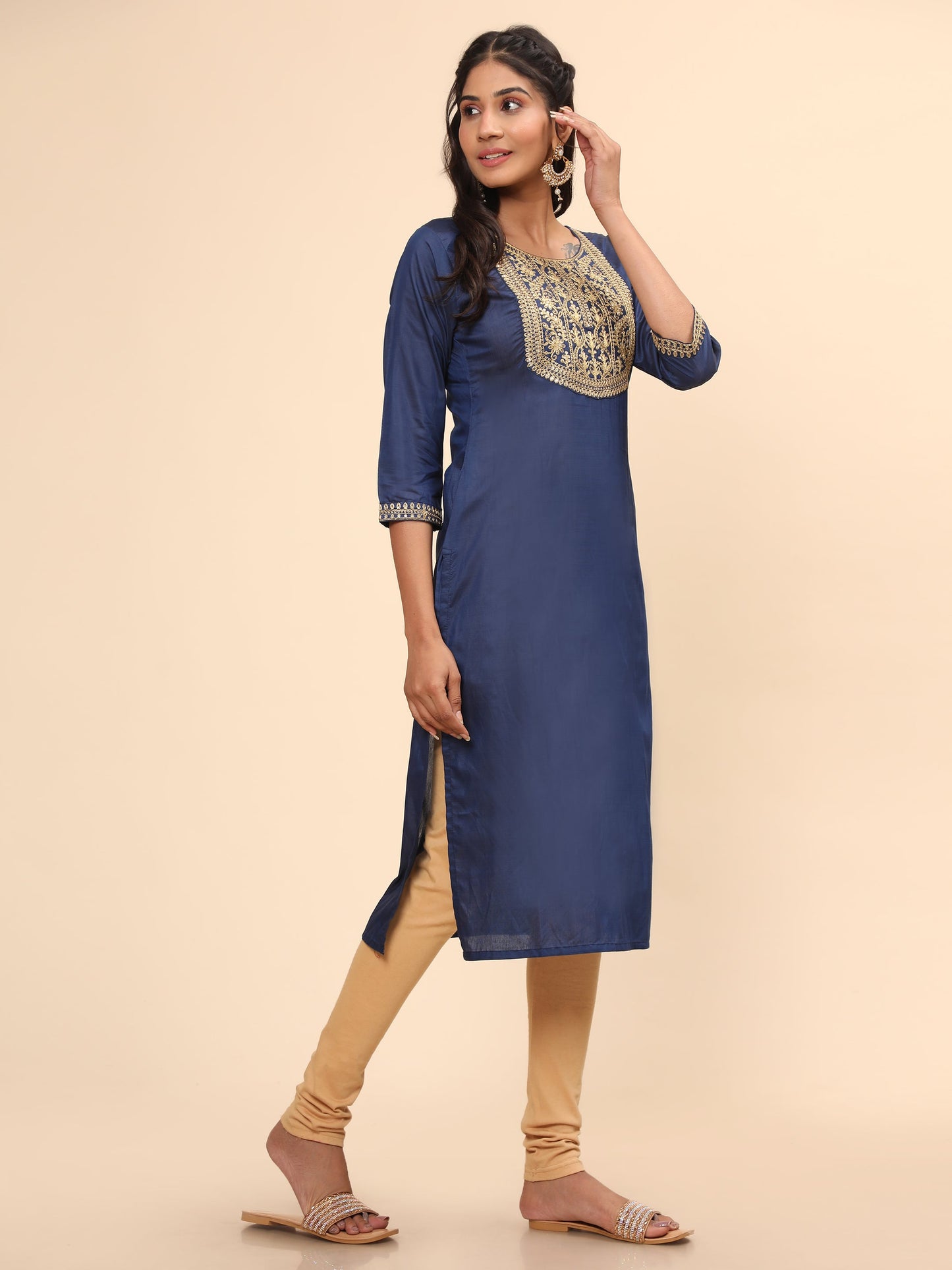 Women's Embroidered Straight Chanderi Blue Stitched Kurta