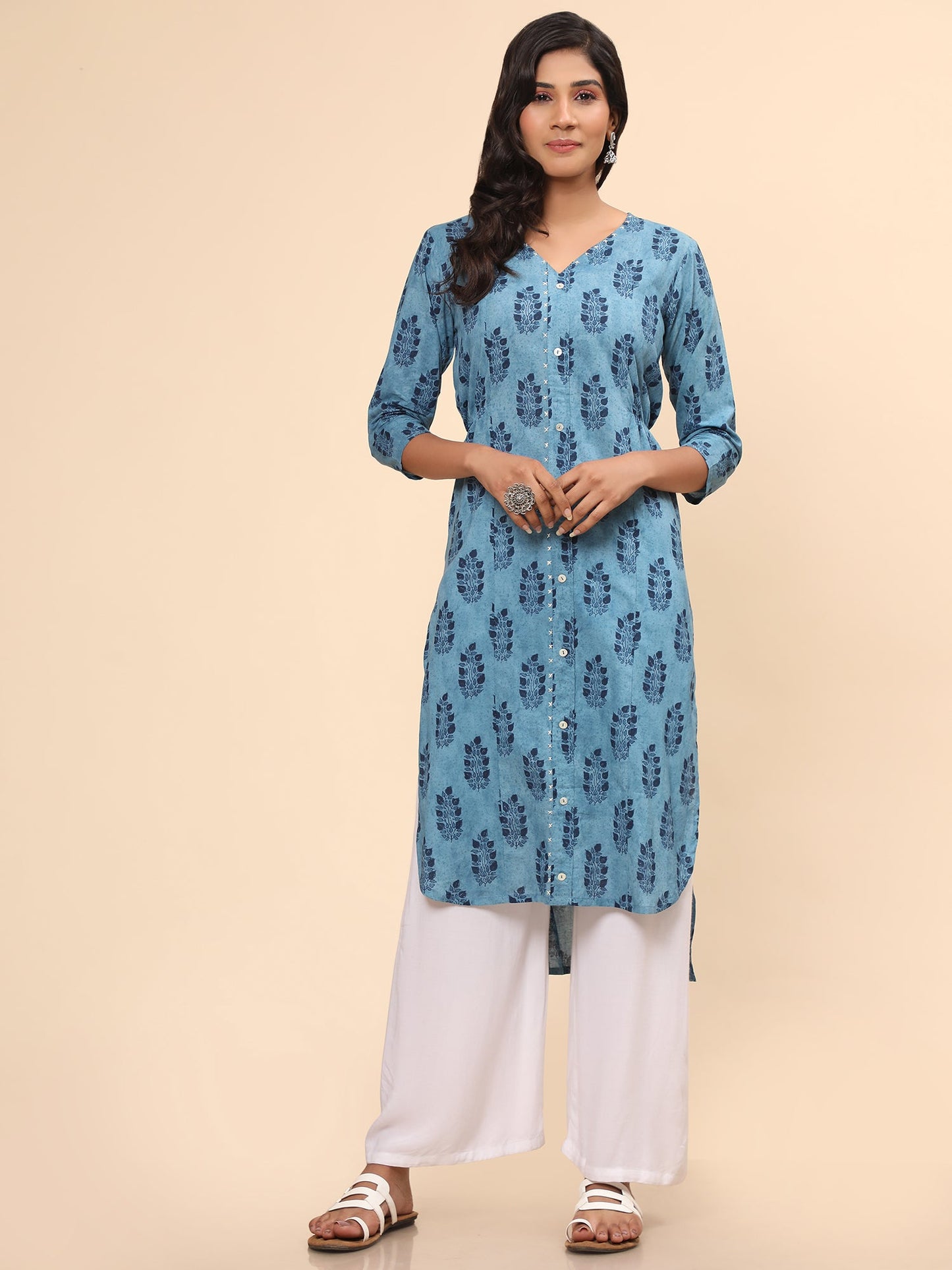 Women's Printed Asymmetric Cotton Blue Stitched Kurta
