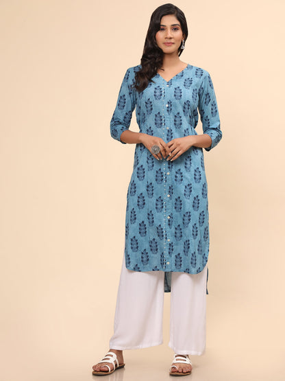 Women's Printed Asymmetric Cotton Blue Stitched Kurta