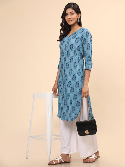 Women's Printed Asymmetric Cotton Blue Stitched Kurta
