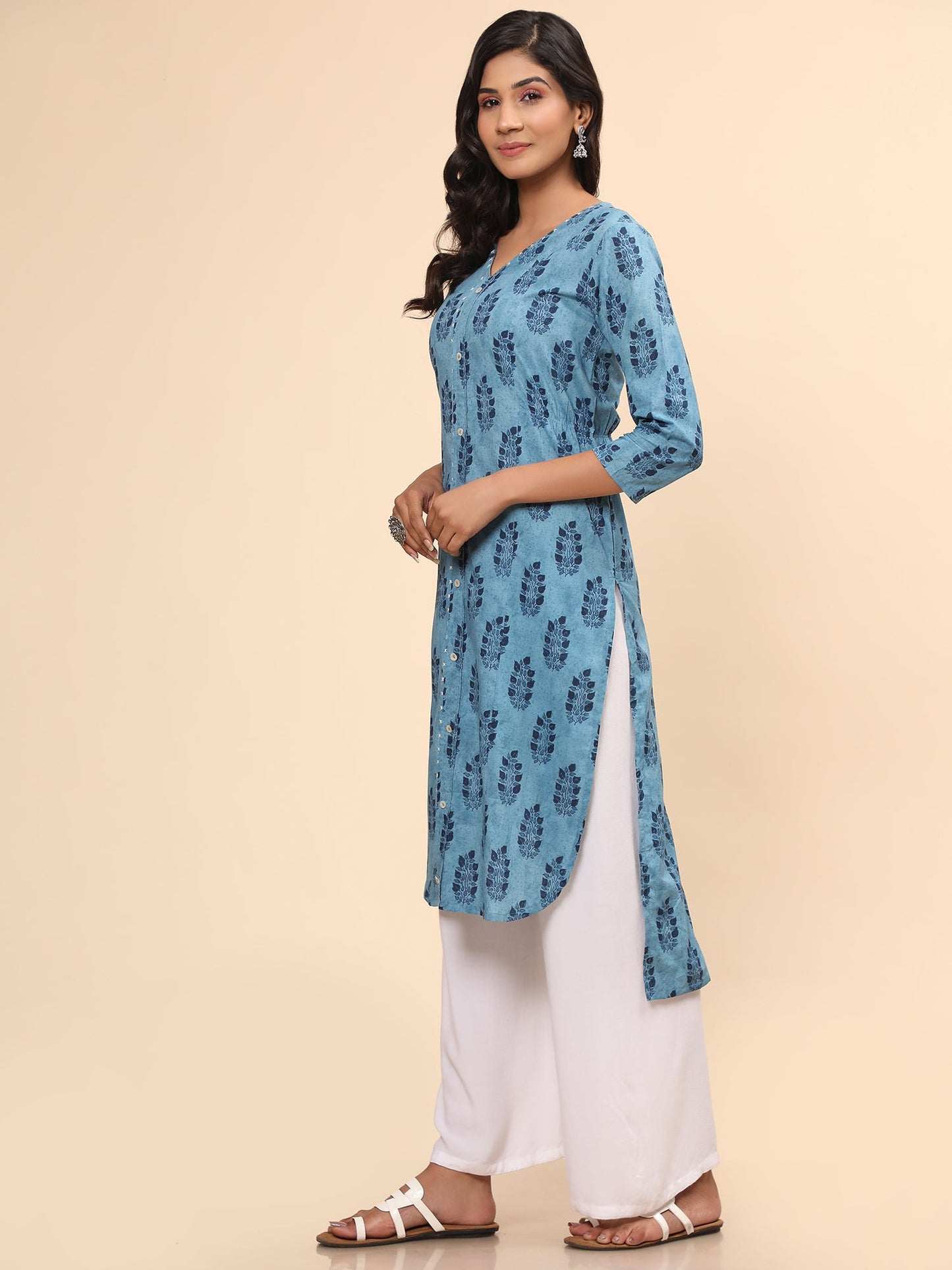 Women's Printed Asymmetric Cotton Blue Stitched Kurta