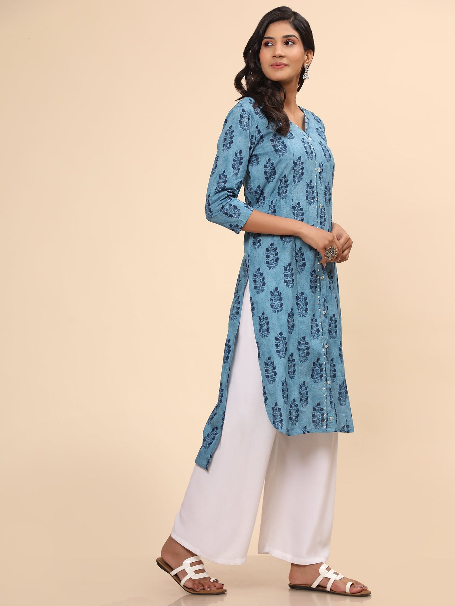 Women's Printed Asymmetric Cotton Blue Stitched Kurta