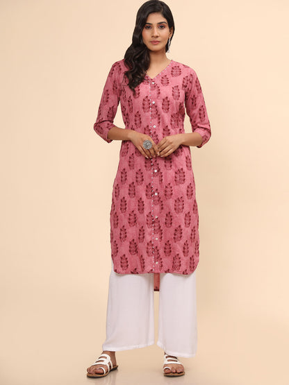 Women's Printed Asymmetric Cotton Pink Stitched Kurta