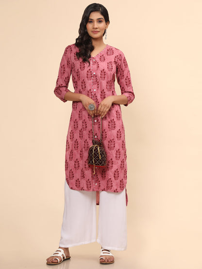 Women's Printed Asymmetric Cotton Pink Stitched Kurta