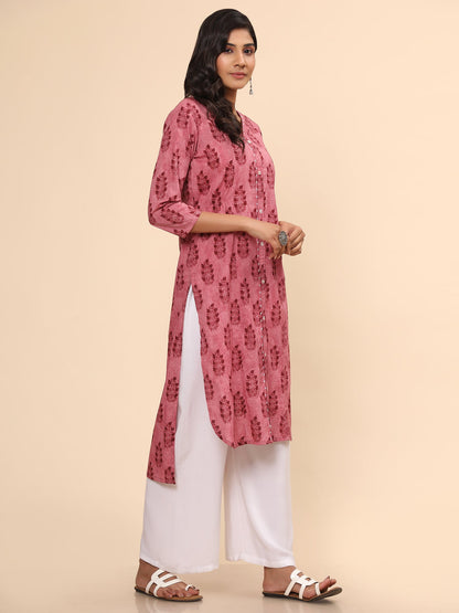 Women's Printed Asymmetric Cotton Pink Stitched Kurta