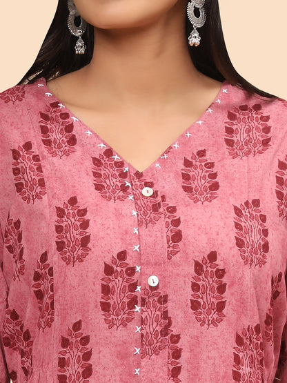Women's Printed Asymmetric Cotton Pink Stitched Kurta