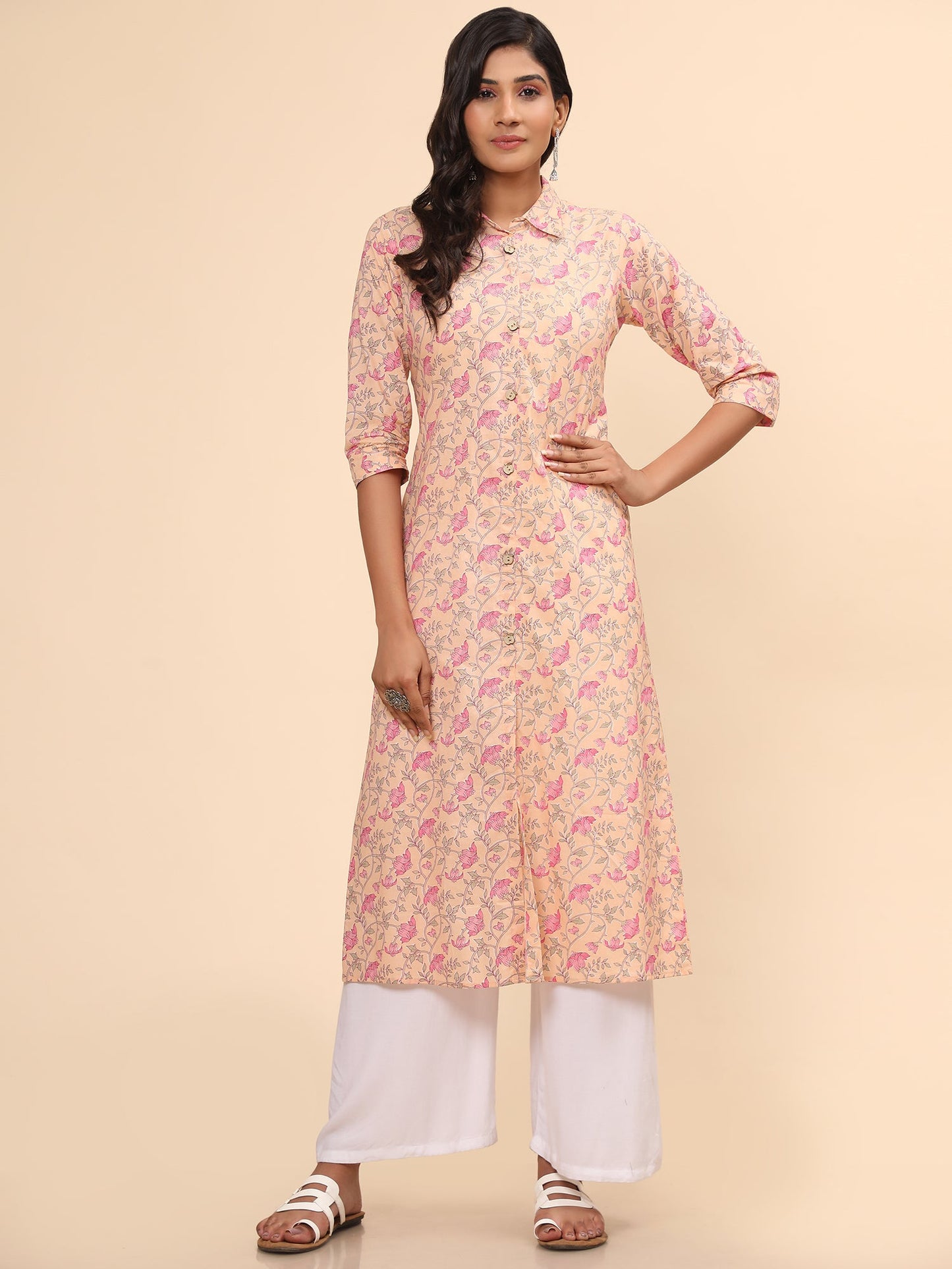 Women's Floral Print A-Line Cotton Peach Stitched Kurta