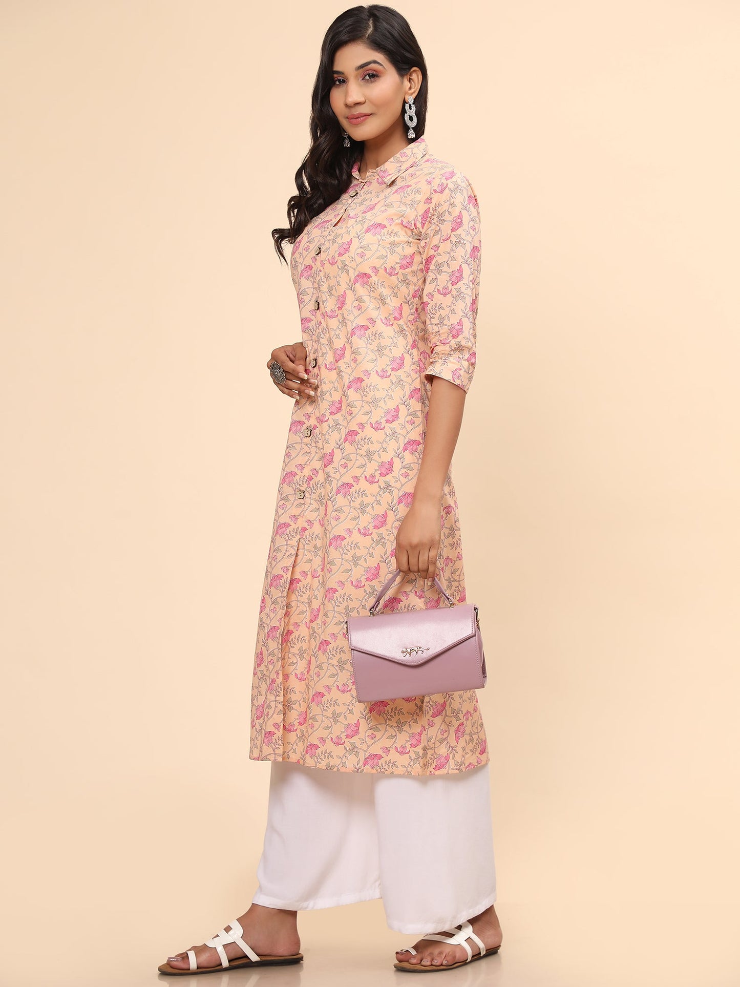 Women's Floral Print A-Line Cotton Peach Stitched Kurta