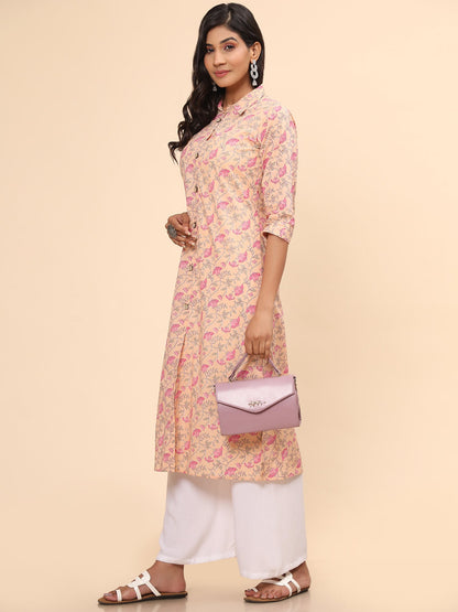 Women's Floral Print A-Line Cotton Peach Stitched Kurta