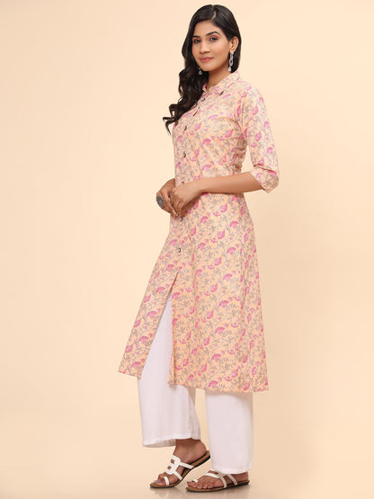 Women's Floral Print A-Line Cotton Peach Stitched Kurta