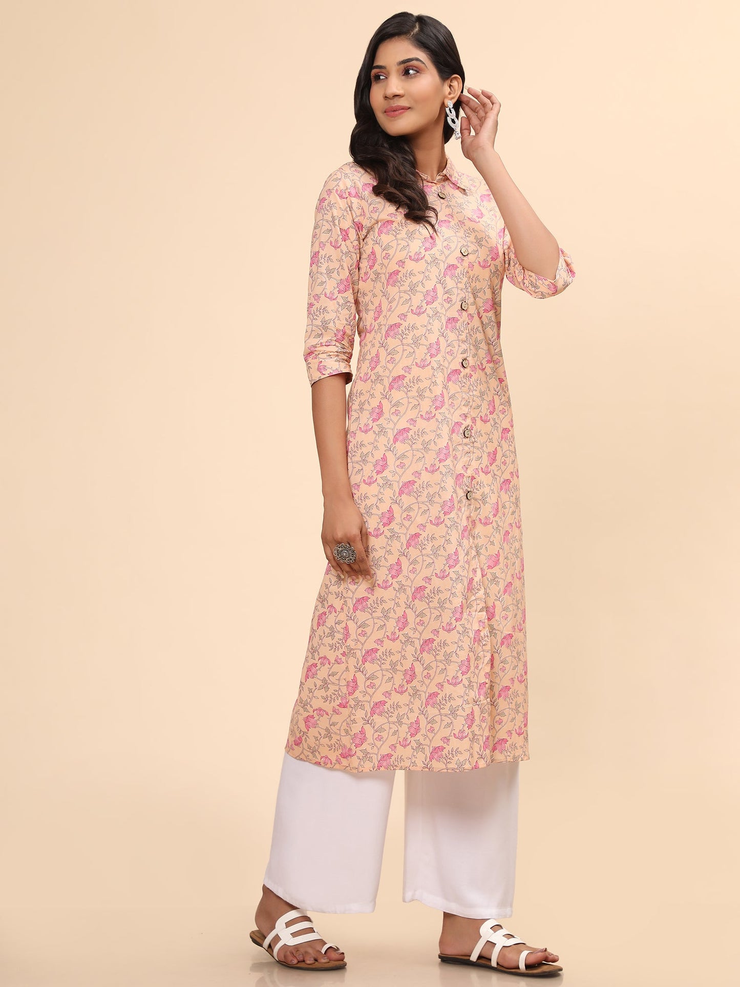 Women's Floral Print A-Line Cotton Peach Stitched Kurta