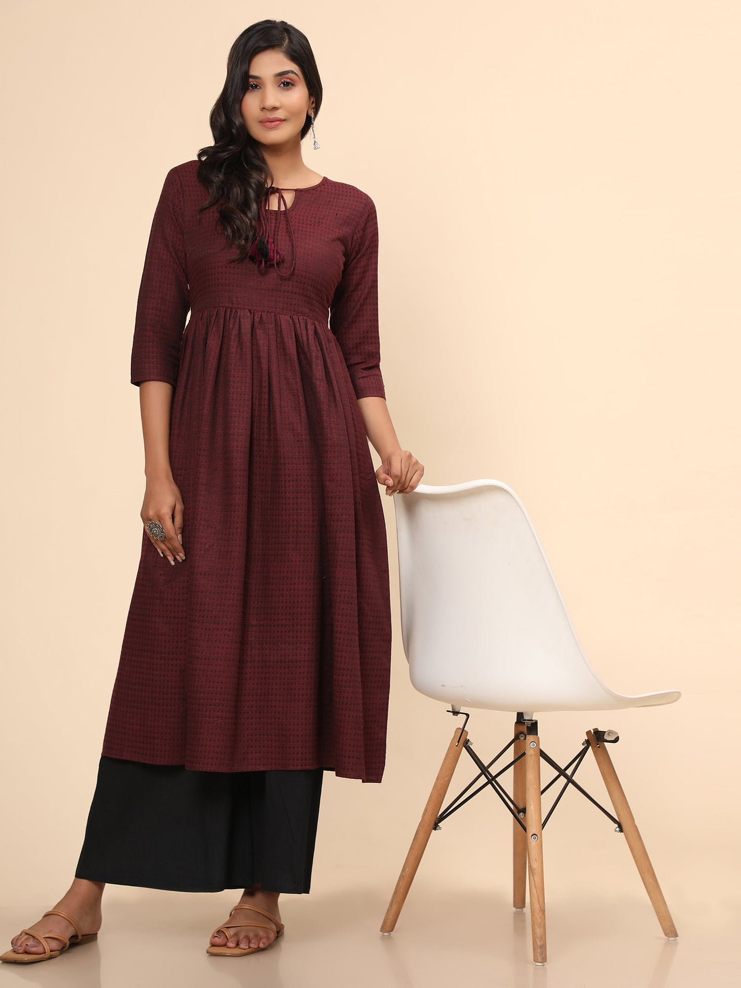 Women's Printed A-Line Yarn Dyed Purple Stitched Kurta